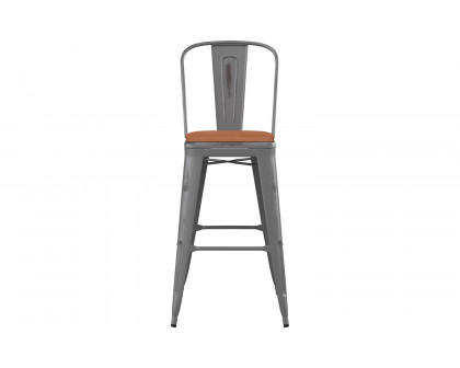 BLNK Lincoln Clear Coated Metal Clear Coated Indoor Bar Stool with Back and Poly Resin Wood Seat - Teak