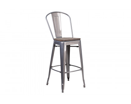 BLNK - Lincoln Clear Coated Metal Bar Stool with Back and Wood Seat