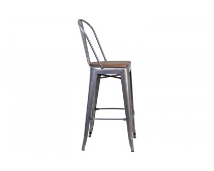 BLNK - Lincoln Clear Coated Metal Bar Stool with Back and Wood Seat