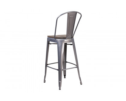 BLNK - Lincoln Clear Coated Metal Bar Stool with Back and Wood Seat