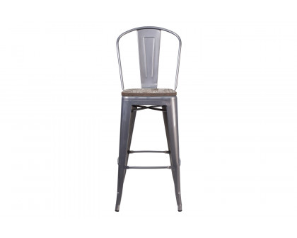 BLNK - Lincoln Clear Coated Metal Bar Stool with Back and Wood Seat