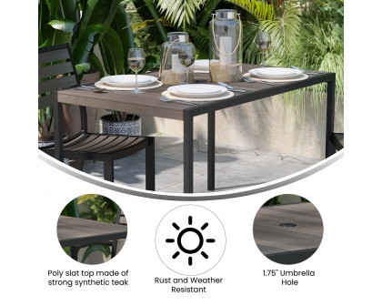 BLNK Rectangular Outdoor Steel Framed Dining Table with Synthetic Poly Slats and Umbrella Hole - Gray Wash Teak