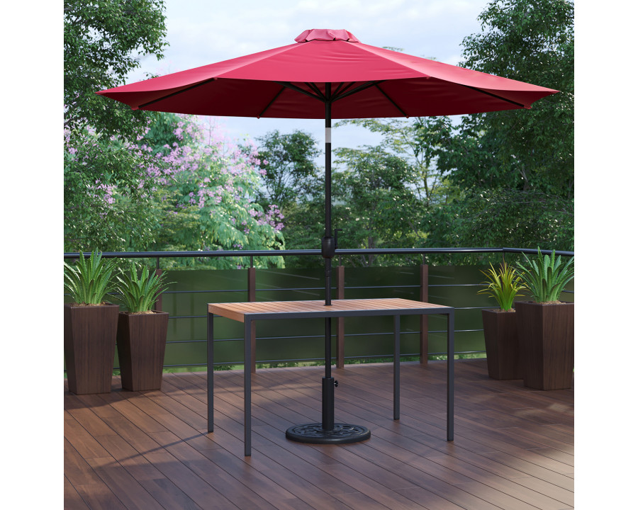 BLNK Lark Outdoor Patio Table Set with 30" x 48" Synthetic Teak Patio Table, Umbrella and Base - Red