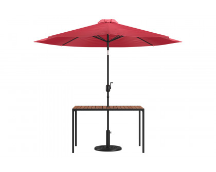 BLNK Lark Outdoor Patio Table Set with 30" x 48" Synthetic Teak Patio Table, Umbrella and Base - Red