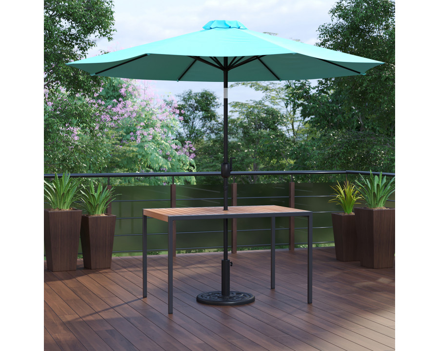 BLNK Lark Outdoor Patio Table Set with 30" x 48" Synthetic Teak Patio Table, Umbrella and Base