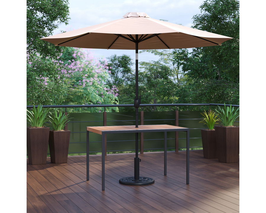 BLNK Lark Outdoor Patio Table Set with 30" x 48" Synthetic Teak Patio Table, Umbrella and Base - Tan