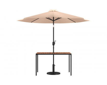 BLNK Lark Outdoor Patio Table Set with 30" x 48" Synthetic Teak Patio Table, Umbrella and Base - Tan