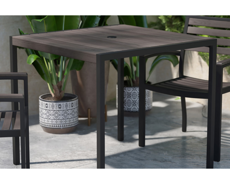 BLNK - Square Outdoor Steel Framed Dining Table with Synthetic Poly Slats and Umbrella Hole