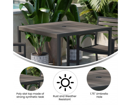 BLNK - Square Outdoor Steel Framed Dining Table with Synthetic Poly Slats and Umbrella Hole