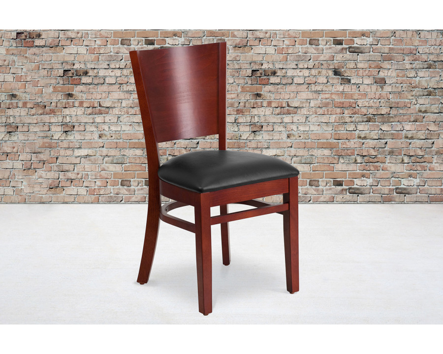 BLNK Lacey Series Mahogany Wood Solid Back Restaurant Chair with Vinyl Seat - Black