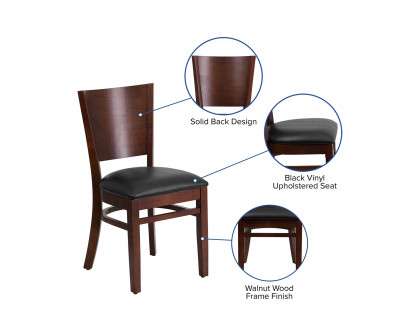 BLNK Lacey Series Walnut Wood Solid Back Restaurant Chair with Vinyl Seat - Black