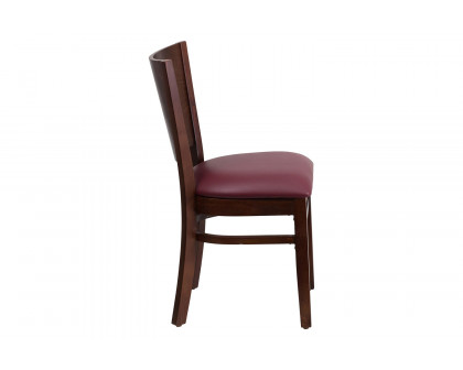 BLNK Lacey Series Walnut Wood Solid Back Restaurant Chair with Vinyl Seat - Burgundy