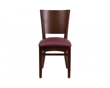 BLNK Lacey Series Walnut Wood Solid Back Restaurant Chair with Vinyl Seat - Burgundy