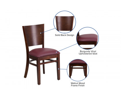 BLNK Lacey Series Walnut Wood Solid Back Restaurant Chair with Vinyl Seat - Burgundy