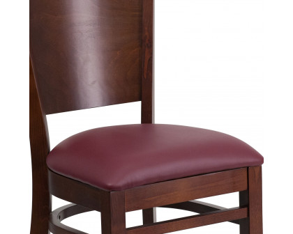 BLNK Lacey Series Walnut Wood Solid Back Restaurant Chair with Vinyl Seat - Burgundy