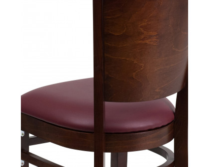 BLNK Lacey Series Walnut Wood Solid Back Restaurant Chair with Vinyl Seat - Burgundy