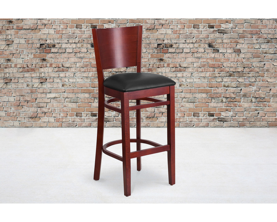 BLNK Lacey Series Mahogany Wood Solid Back Restaurant Bar Stool with Vinyl Seat