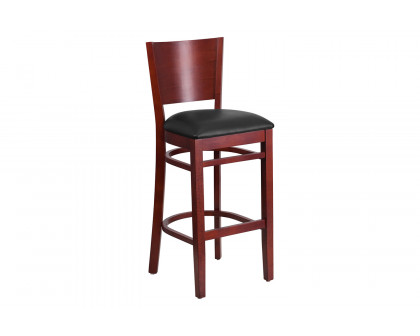 BLNK Lacey Series Mahogany Wood Solid Back Restaurant Bar Stool with Vinyl Seat