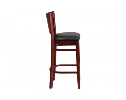 BLNK Lacey Series Mahogany Wood Solid Back Restaurant Bar Stool with Vinyl Seat - Black