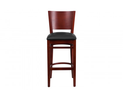 BLNK Lacey Series Mahogany Wood Solid Back Restaurant Bar Stool with Vinyl Seat - Black