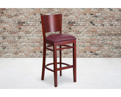 BLNK Lacey Series Mahogany Wood Solid Back Restaurant Bar Stool with Vinyl Seat