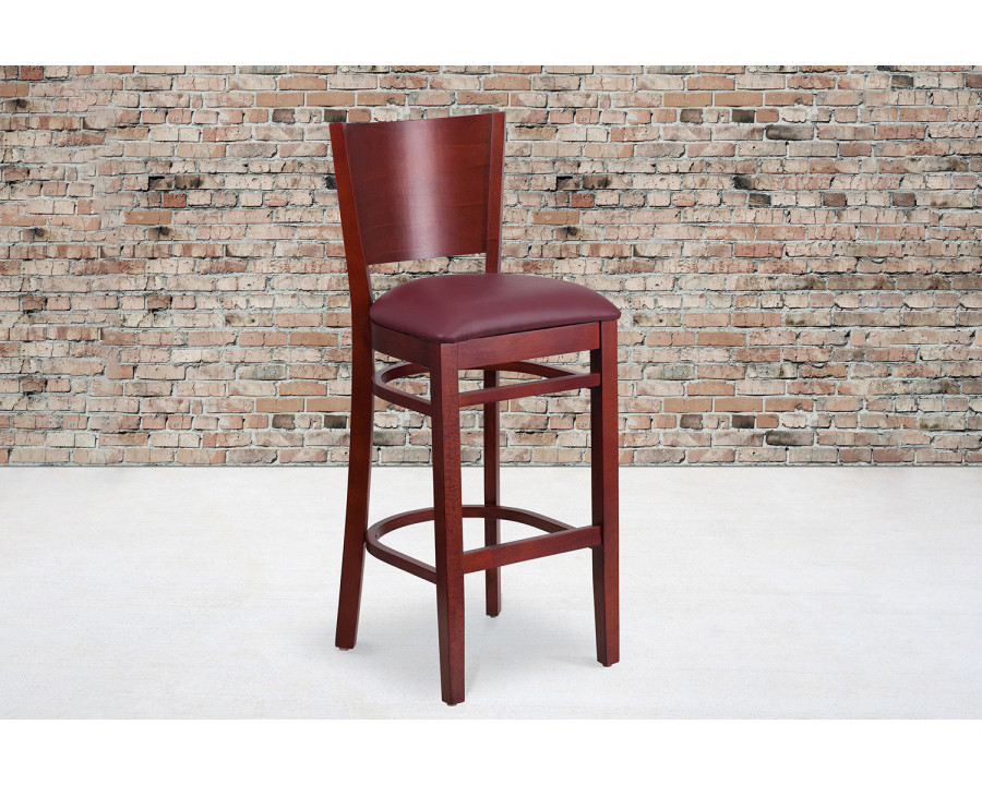 BLNK Lacey Series Mahogany Wood Solid Back Restaurant Bar Stool with Vinyl Seat - Burgundy