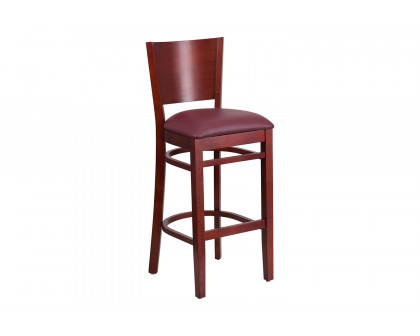 BLNK Lacey Series Mahogany Wood Solid Back Restaurant Bar Stool with Vinyl Seat - Burgundy