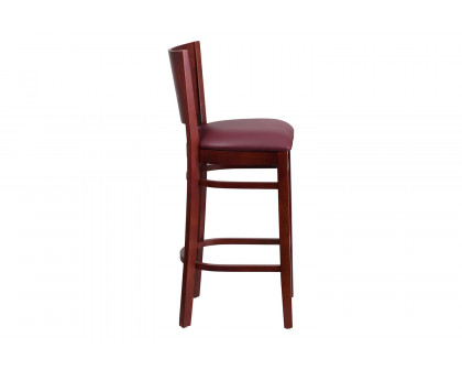 BLNK Lacey Series Mahogany Wood Solid Back Restaurant Bar Stool with Vinyl Seat - Burgundy