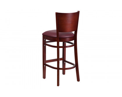 BLNK Lacey Series Mahogany Wood Solid Back Restaurant Bar Stool with Vinyl Seat - Burgundy