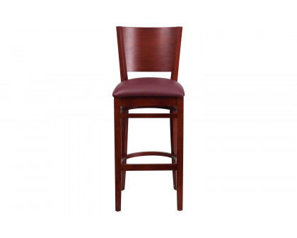 BLNK Lacey Series Mahogany Wood Solid Back Restaurant Bar Stool with Vinyl Seat - Burgundy