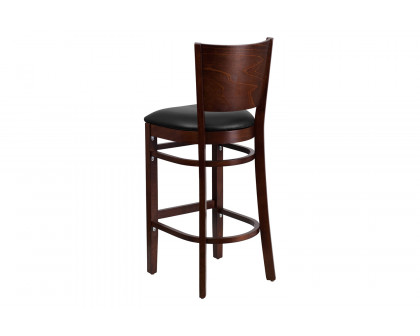 BLNK Lacey Series Walnut Wood Solid Back Restaurant Bar Stool with Vinyl Seat - Black