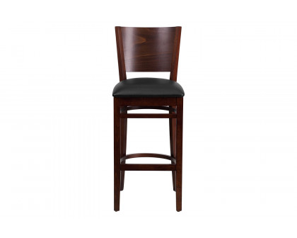 BLNK Lacey Series Walnut Wood Solid Back Restaurant Bar Stool with Vinyl Seat - Black