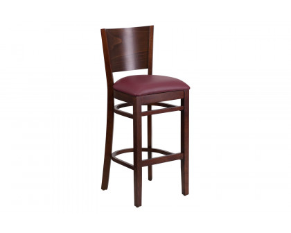 BLNK Lacey Series Walnut Wood Solid Back Restaurant Bar Stool with Vinyl Seat