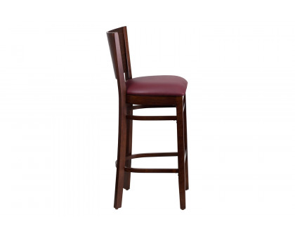 BLNK Lacey Series Walnut Wood Solid Back Restaurant Bar Stool with Vinyl Seat - Burgundy