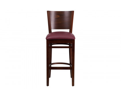 BLNK Lacey Series Walnut Wood Solid Back Restaurant Bar Stool with Vinyl Seat - Burgundy