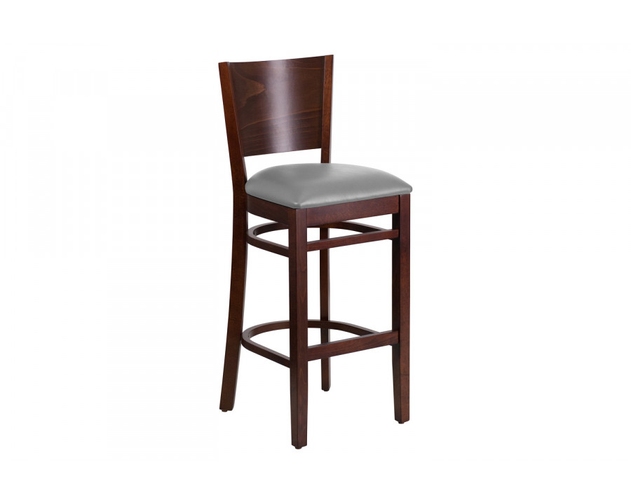 BLNK Lacey Series Wood Solid Back Restaurant Bar Stool with Custom Upholstered Seat - Walnut