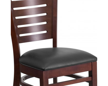 BLNK Darby Series Walnut Wood Slat Back Restaurant Chair with Vinyl Seat - Black