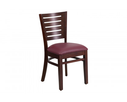 BLNK Darby Series Walnut Wood Slat Back Restaurant Chair with Vinyl Seat - Burgundy