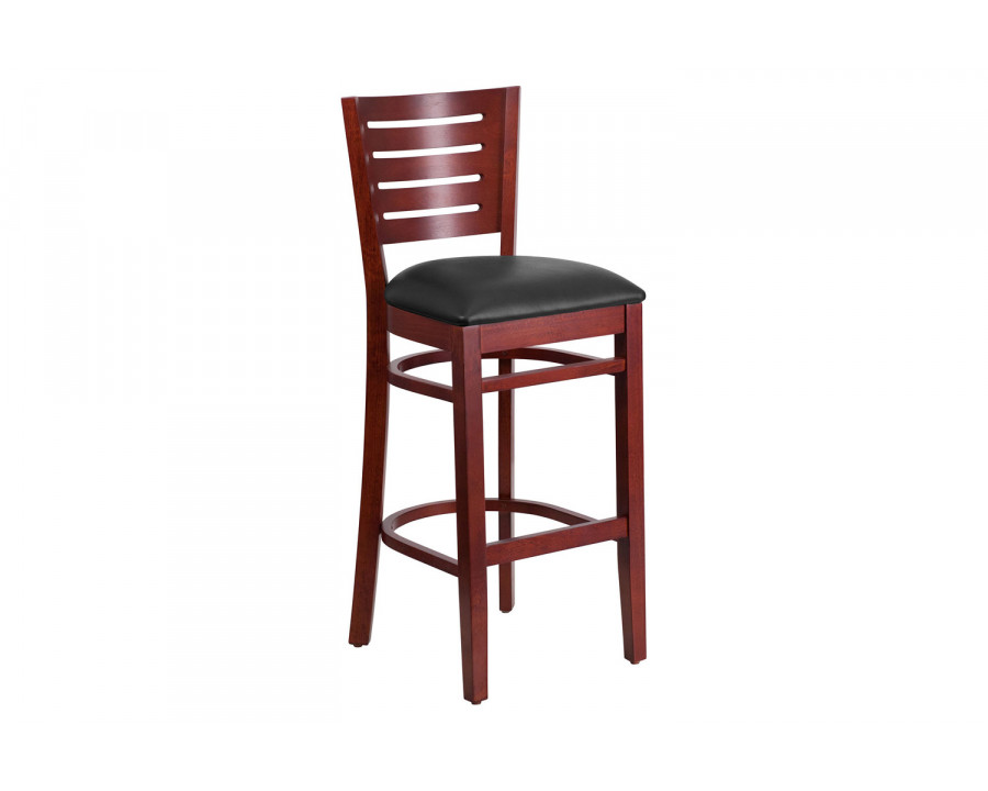 BLNK Darby Series Vinyl Slat Back Mahogany Wood Restaurant Bar Stool - Black