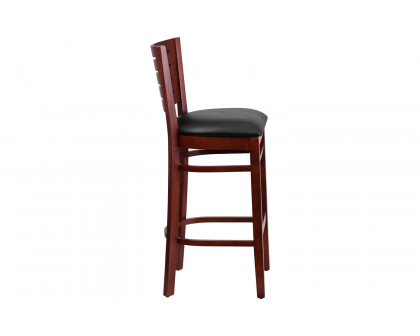 BLNK Darby Series Vinyl Slat Back Mahogany Wood Restaurant Bar Stool - Black