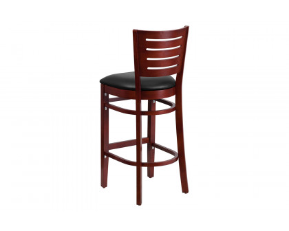 BLNK Darby Series Vinyl Slat Back Mahogany Wood Restaurant Bar Stool - Black