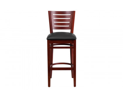 BLNK Darby Series Vinyl Slat Back Mahogany Wood Restaurant Bar Stool - Black