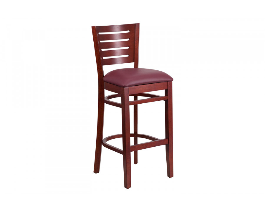 BLNK Darby Series Vinyl Slat Back Mahogany Wood Restaurant Bar Stool