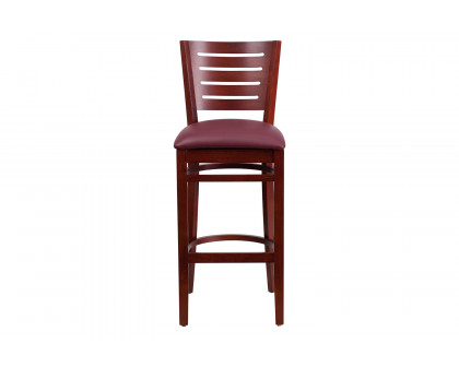 BLNK Darby Series Vinyl Slat Back Mahogany Wood Restaurant Bar Stool - Burgundy