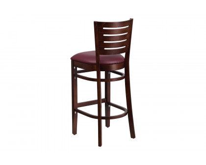 BLNK Darby Series Vinyl Slat Back Walnut Wood Restaurant Bar Stool - Burgundy