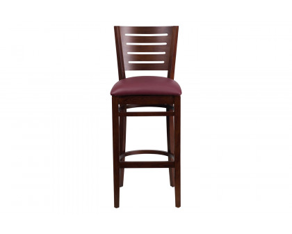 BLNK Darby Series Vinyl Slat Back Walnut Wood Restaurant Bar Stool - Burgundy