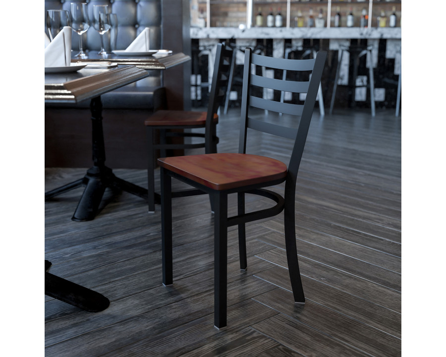 BLNK HERCULES Series Black Metal Ladder Back Restaurant Chair with Wood Seat - Cherry