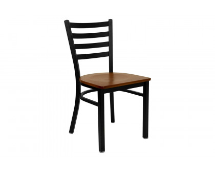 BLNK HERCULES Series Black Metal Ladder Back Restaurant Chair with Wood Seat - Cherry