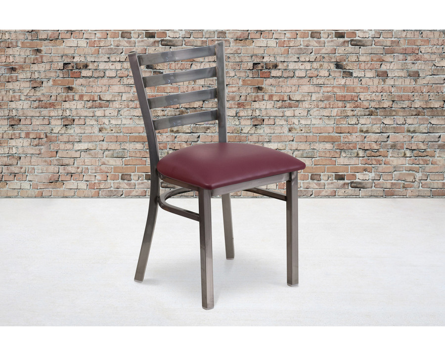 BLNK HERCULES Series Clear Coated Metal Ladder Back Restaurant Chair with Vinyl Seat - Burgundy