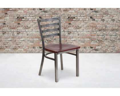 BLNK HERCULES Series Clear Coated Metal Ladder Back Restaurant Chair with Wood Seat